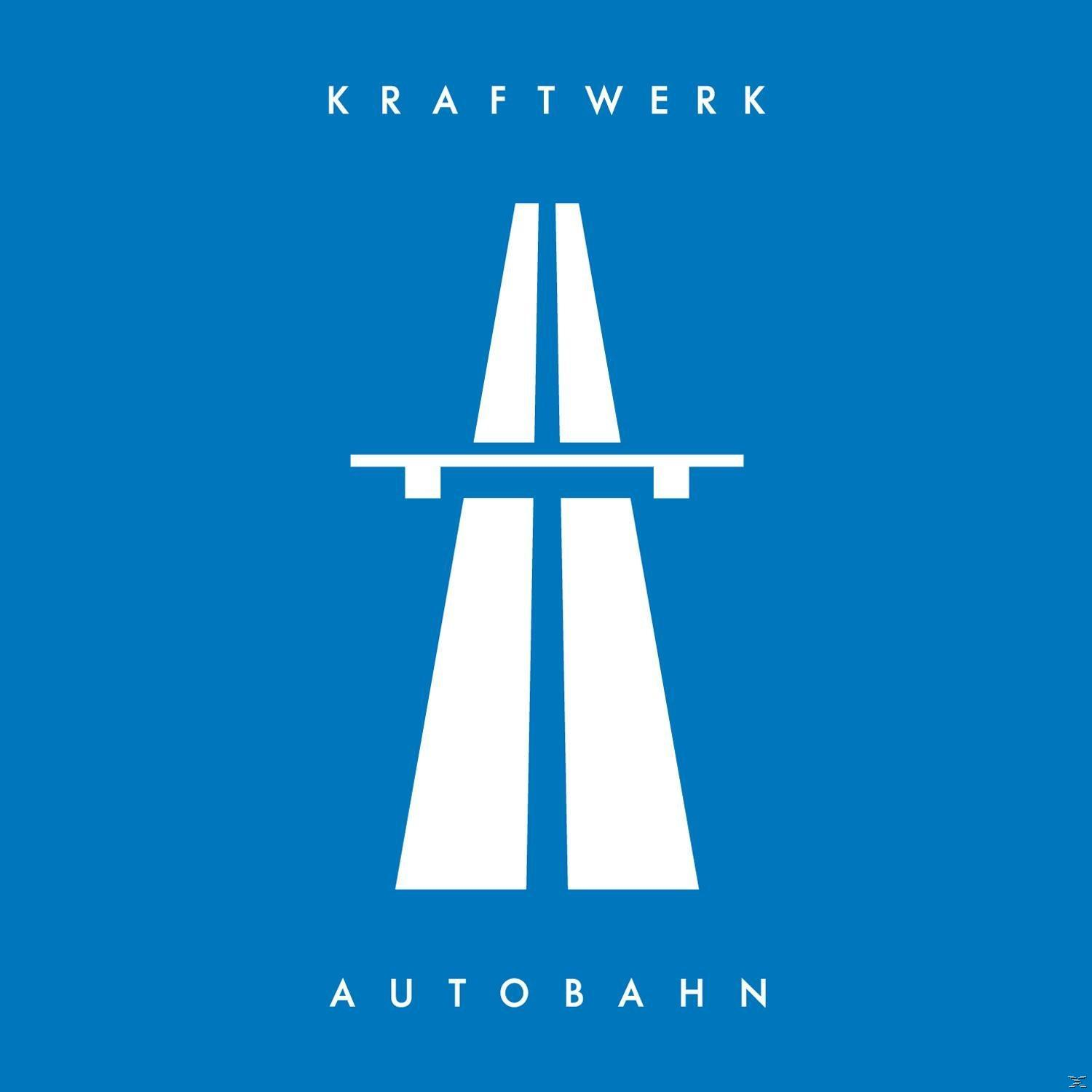 Kraftwerk 'Autobahn' Albumcover. Weißes Autobahnschild auf blauem Hintergrund. Kraftwerk oben.