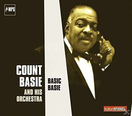 Albumcover mit Count Basie. Schwarz-Weiß-Foto eines Mannes mit Telefon. Text 'Basic Basie'.