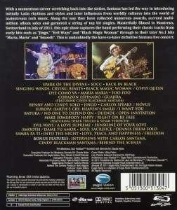 Die Rückseite einer DVD-Hülle. Text auf dunklem Hintergrund. Zwei Fotos eines Mannes mit Gitarre. 'Santana' ist geschrieben.