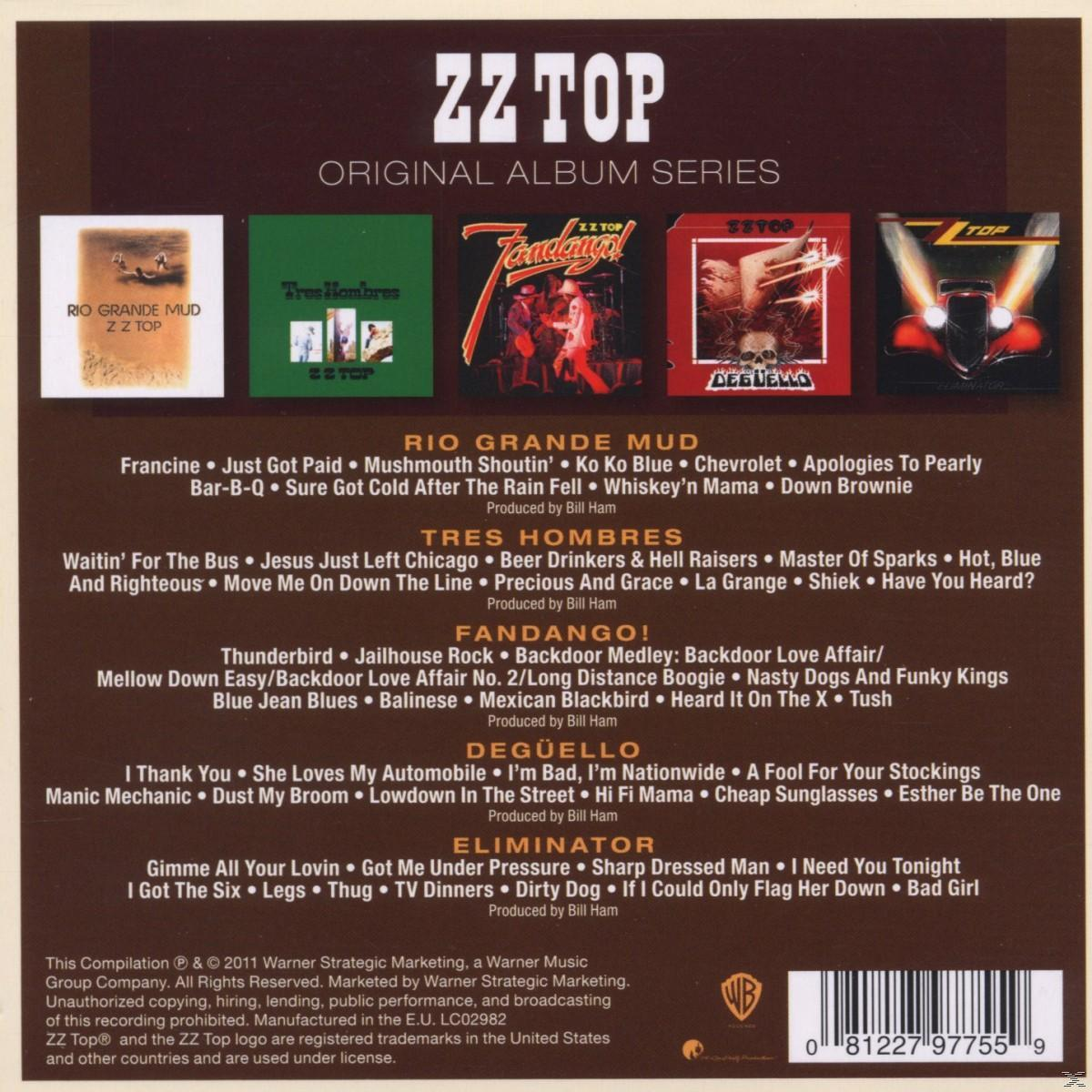 ZZ Top Albumcover-Art von 4 Alben, jedes mit unterschiedlichen Designs und Titeln.