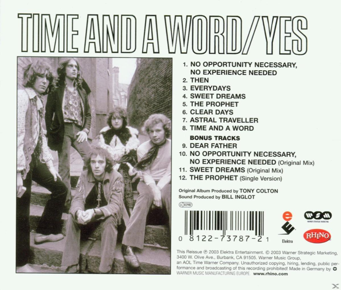 Albumcover mit einer Gruppe von Männern in Anzügen, Text 'Time and a word/Yes'.