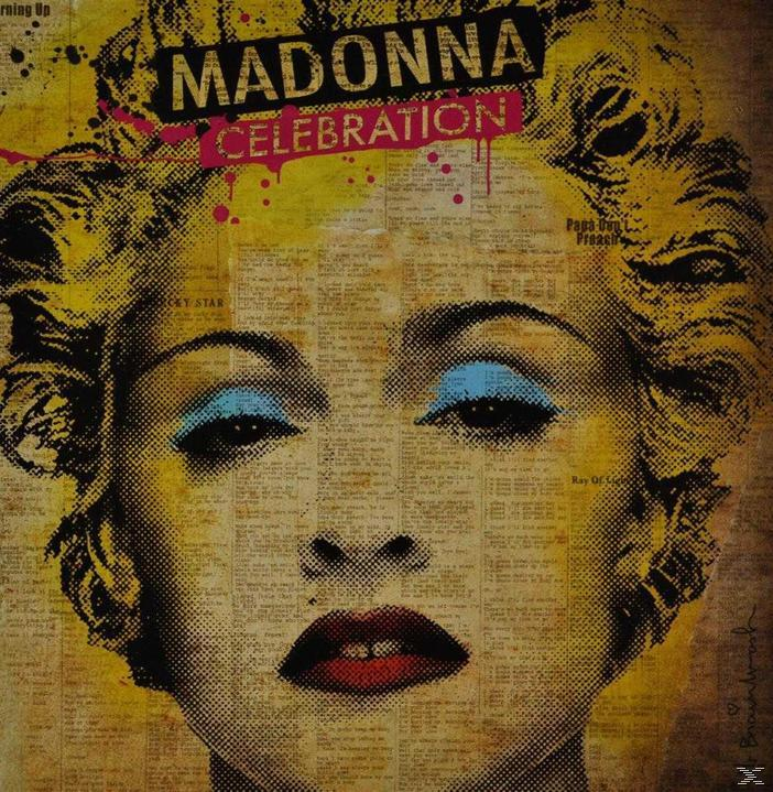 Madonna Albumcover. Pop-Art-Gesicht, gelber Hintergrund, blauer Lidschatten, rote Lippen und das Wort 'Celebration'.