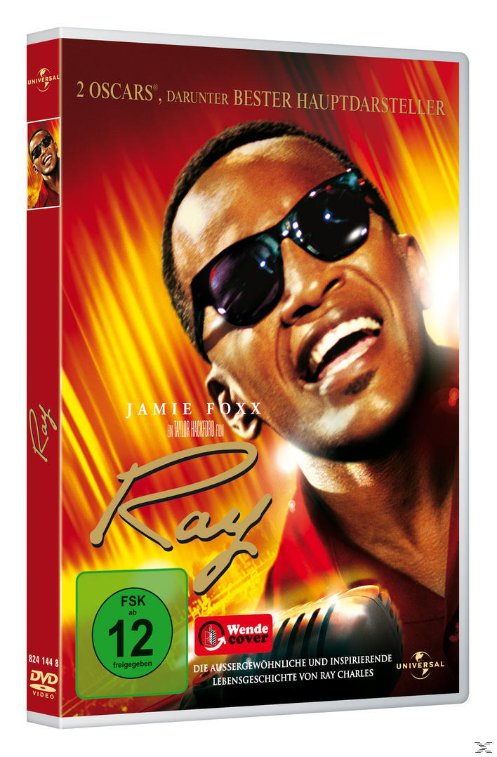 DVD-Cover: Jamie Foxx mit Sonnenbrille, roter Hintergrund, Titel Ray.
