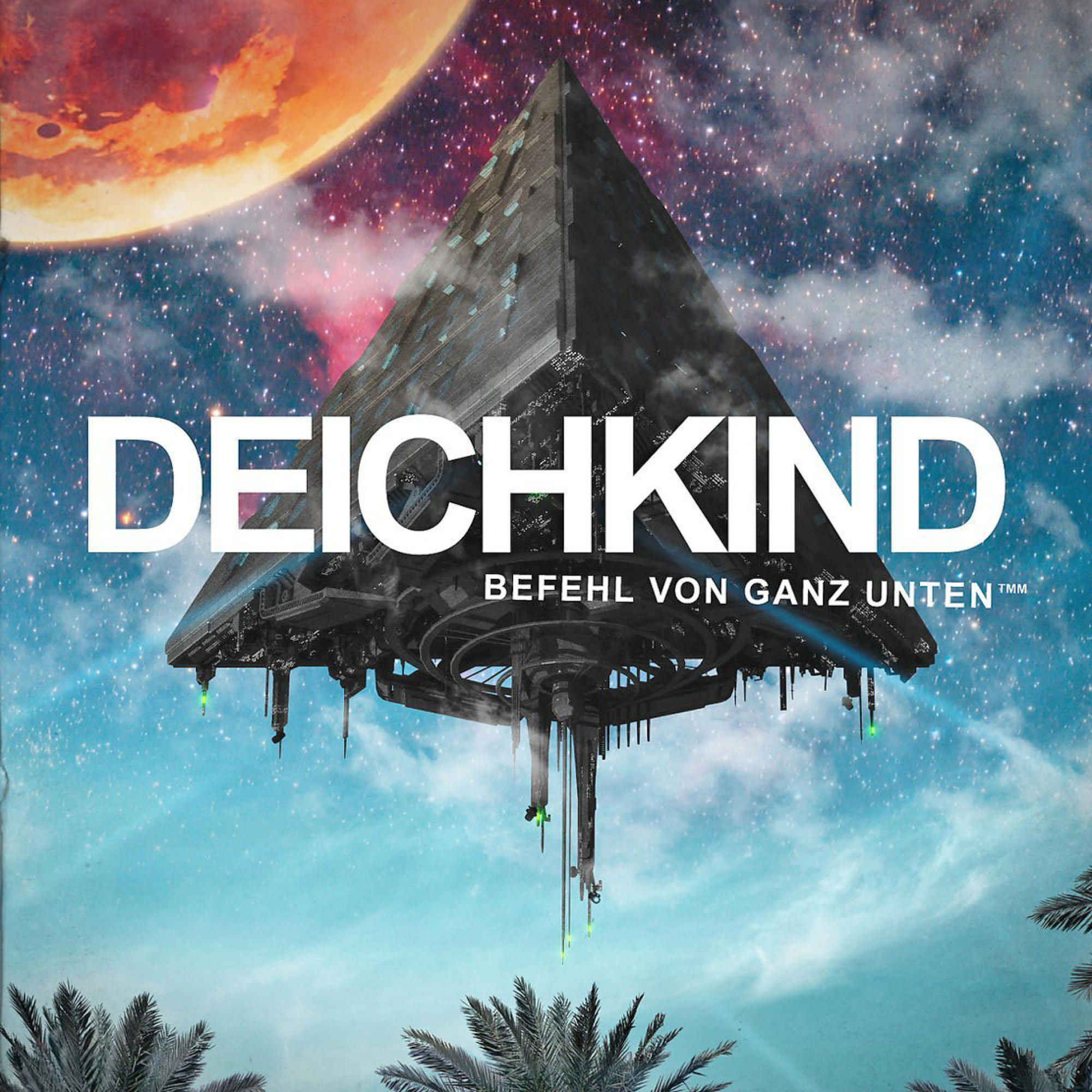 Albumcover. Futuristisch, dunkle Pyramide schwebt im Weltraum, Text 'DEICHKIND'.