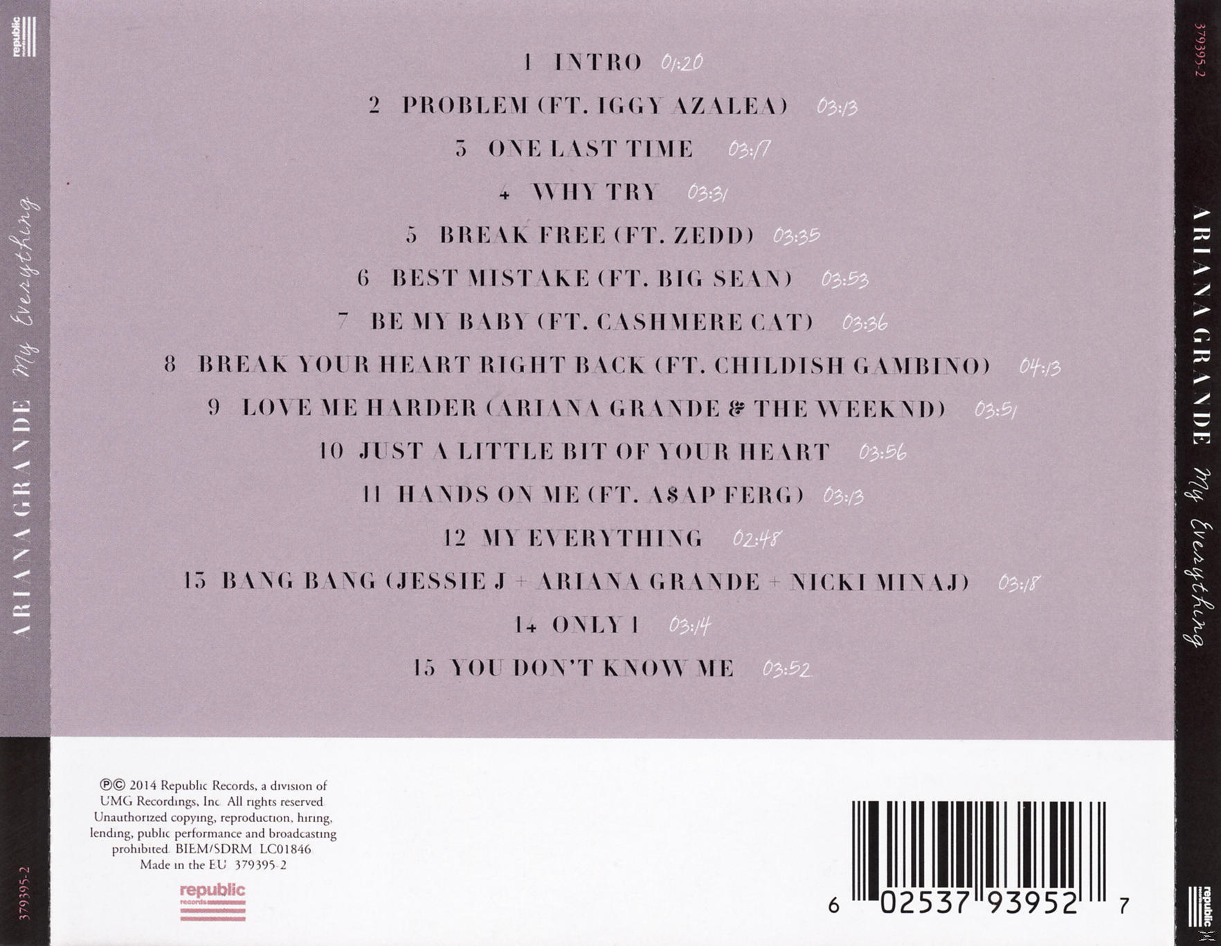 Rückseite des Albums mit Tracklist von Ariana Grandes Album 'My Everything'.