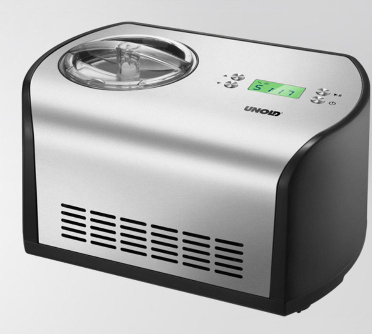Silber-schwarzer Eismaschine mit Digitalanzeige und Knöpfen.