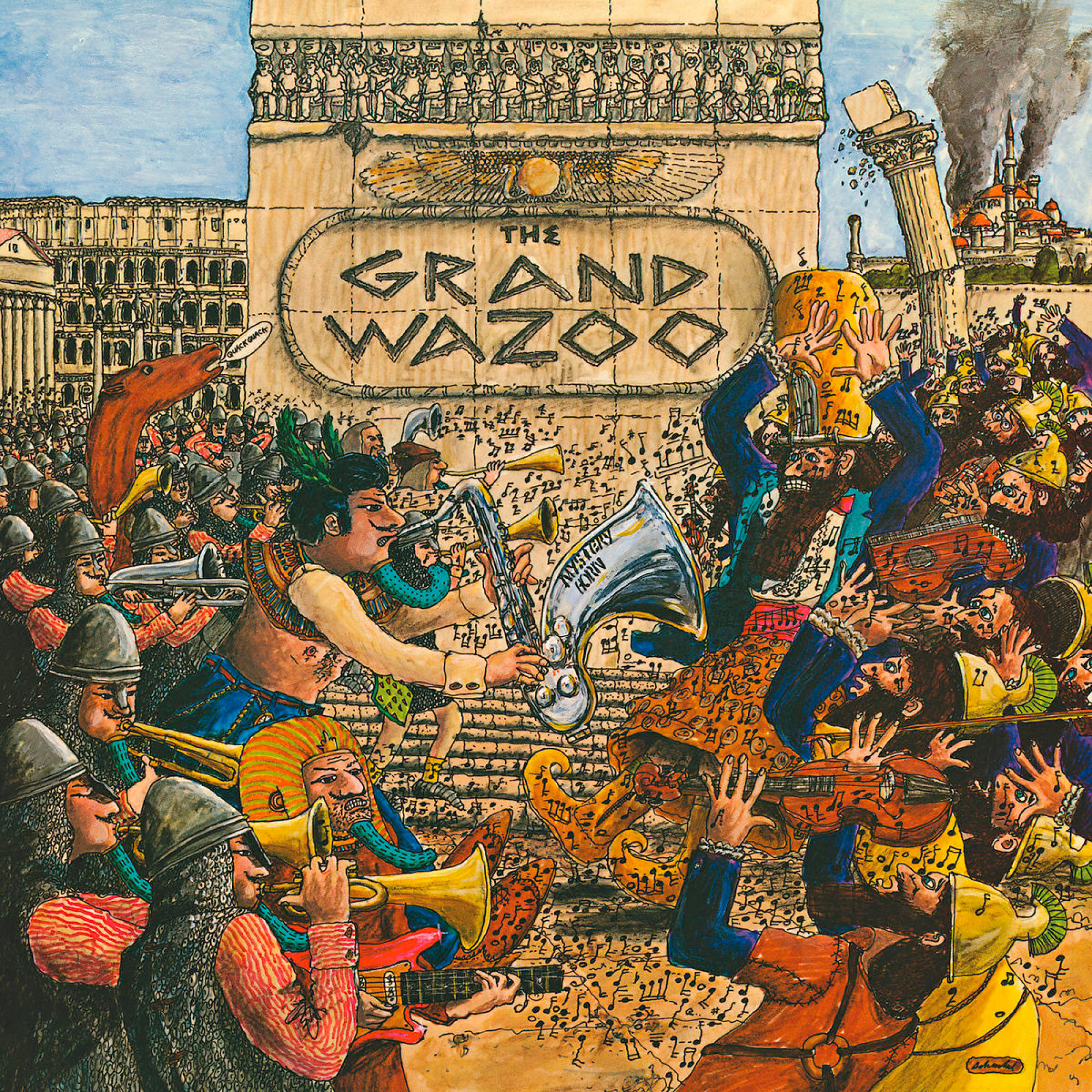 Illustration von Musikern in einer chaotischen Szene mit einem großen Schild mit der Aufschrift 'The Grand Wazoo'.