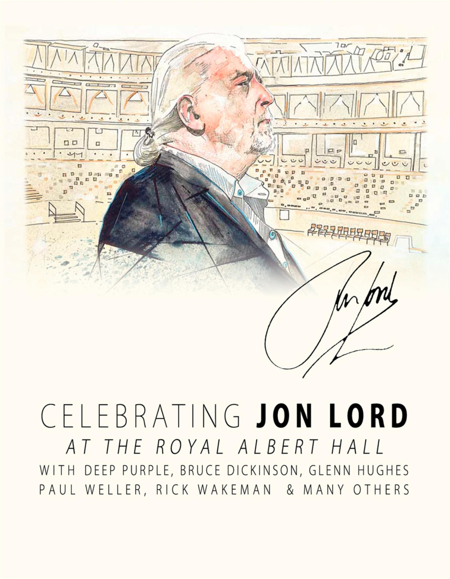 Illustration von Jon Lord, mit Royal Albert Hall im Hintergrund und seiner Unterschrift.