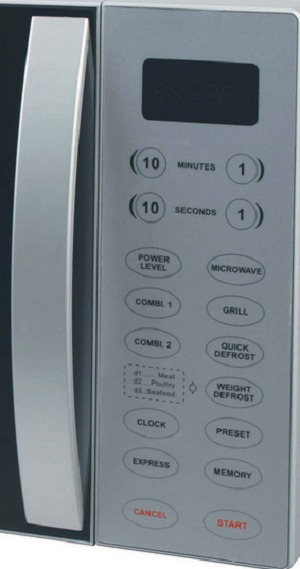 A microwave front view. The control panel is on the right, and the handle is on the left.