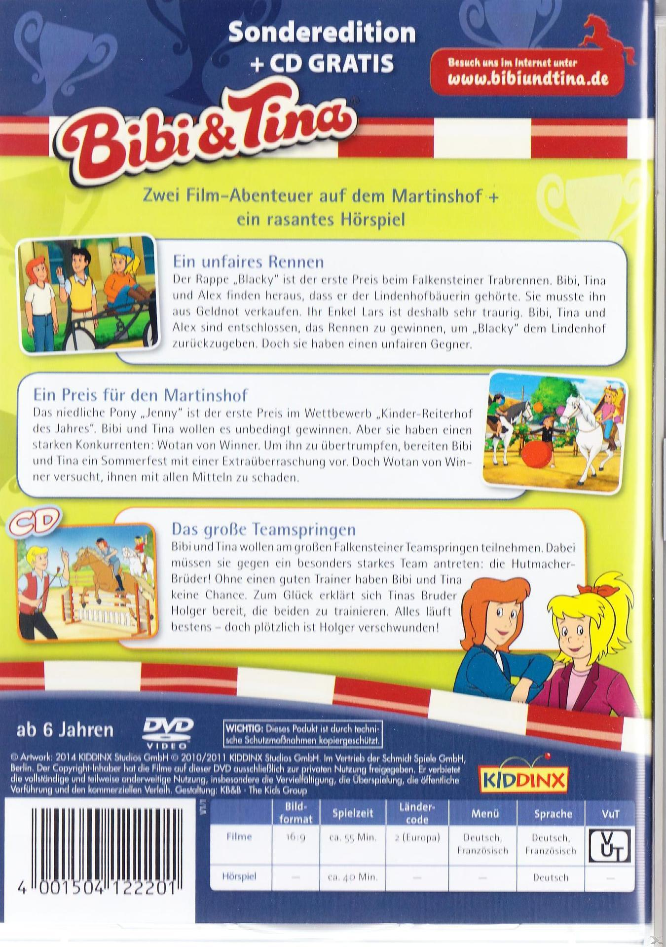 DVD-Cover mit Cartoon-Figuren. Titel: Bibi & Tina. Zwei Mädchen und ein Junge auf grünem Hintergrund mit Text.