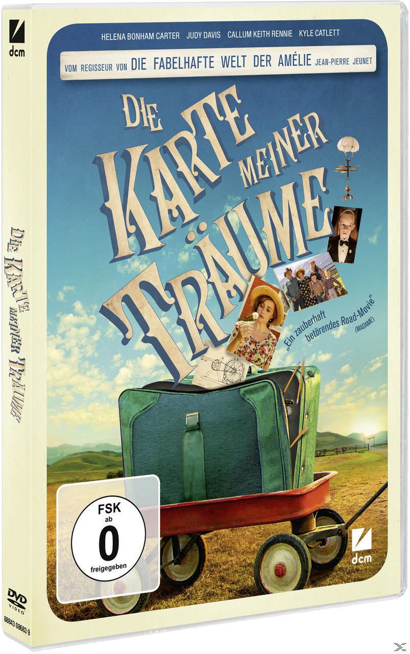 DVD-Cover von Die Karte meiner Träume mit einem grünen Koffer im roten Bollerwagen vor blauem Himmel.