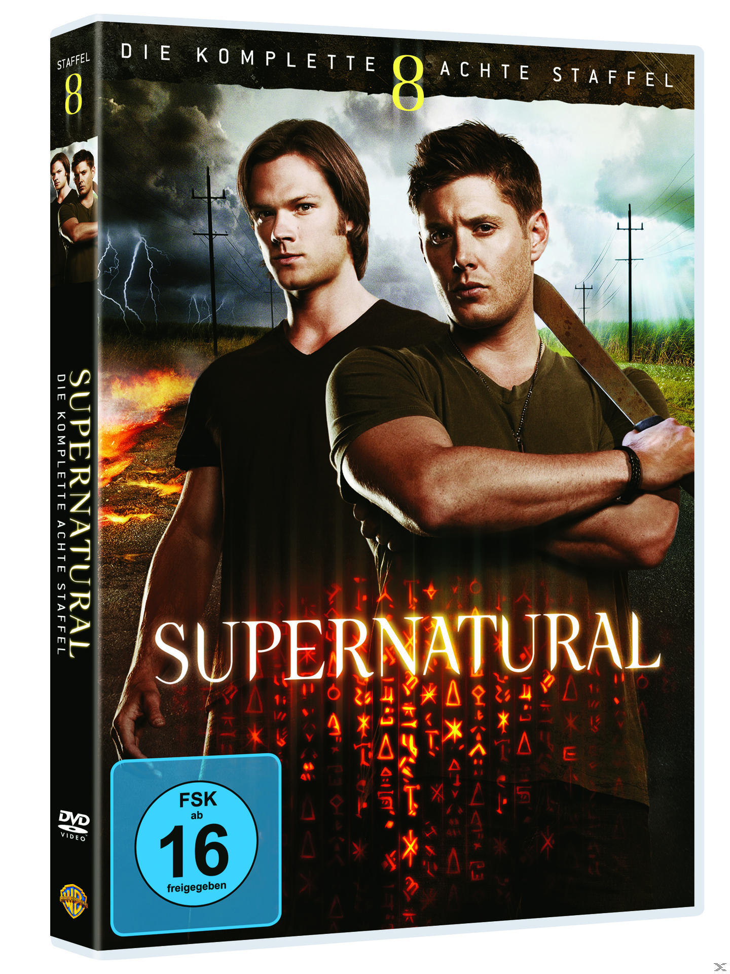 DVD-Cover für Supernatural, zwei Männer, ein Schwert und der Titel der Serie.