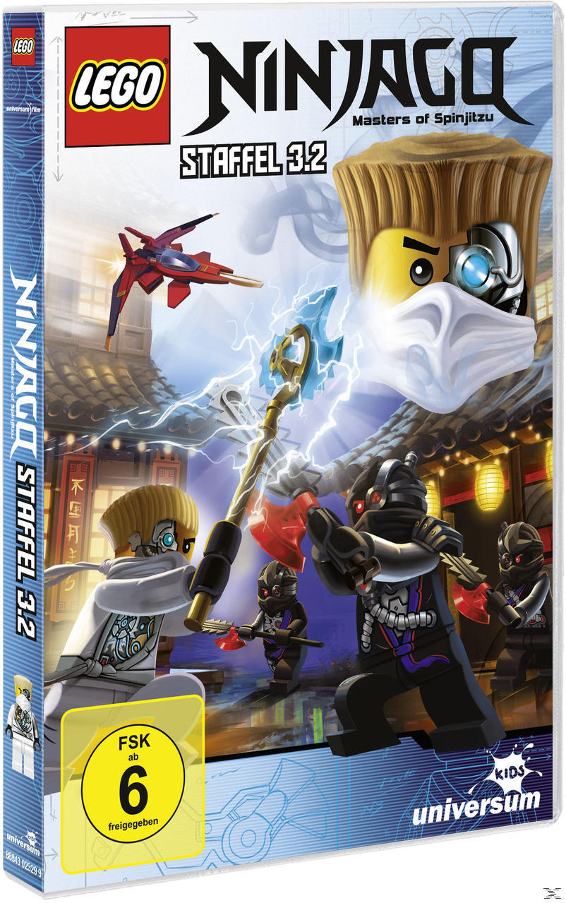 LEGO Ninjago DVD-Cover. Beinhaltet Lego-Charaktere, eine Stadtlandschaft und ein gelb-rotes Logo.