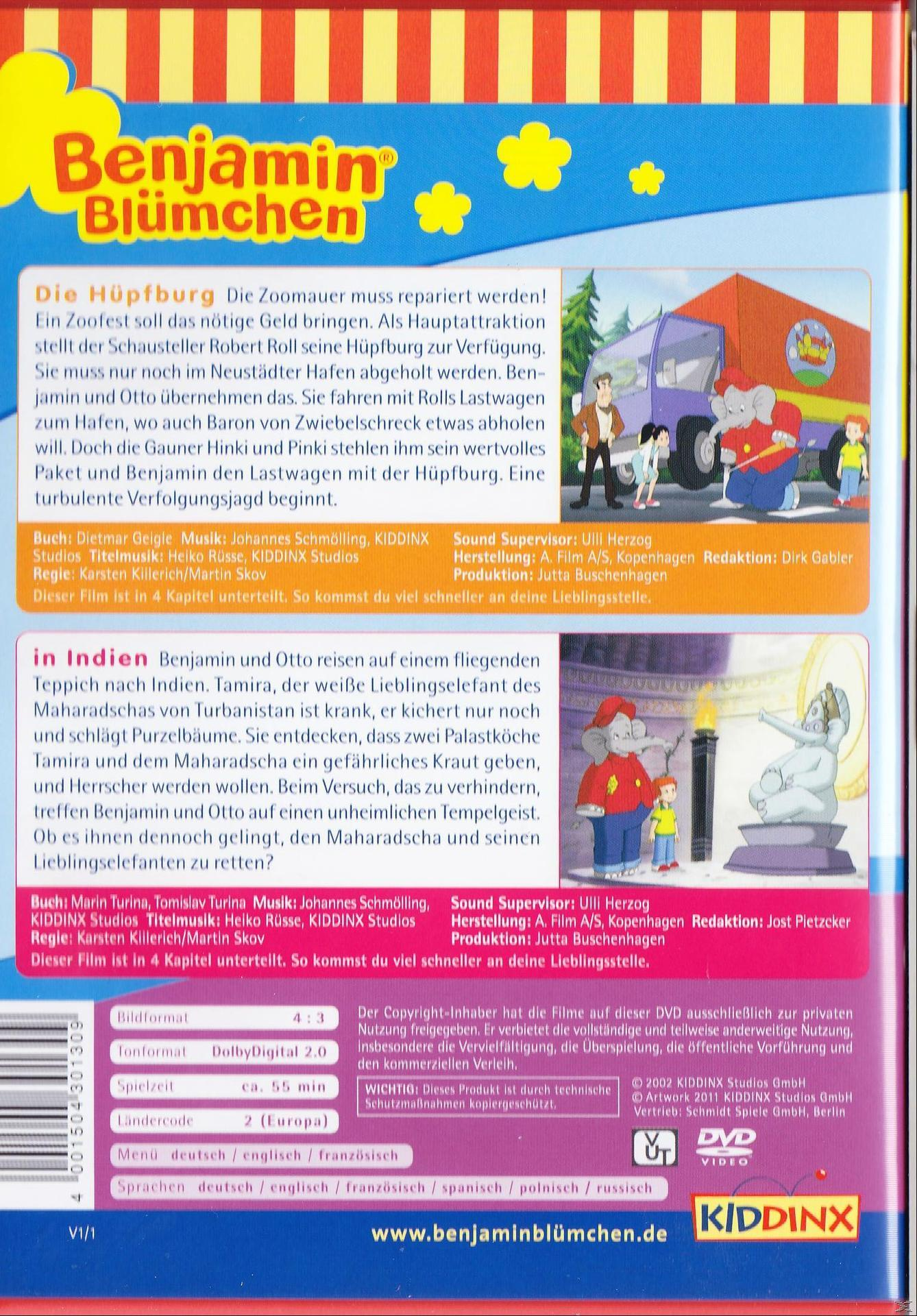 Benjmain Blümchen DVD-Cover. Cartoon-Bild mit einem lila Auto und Figuren.
