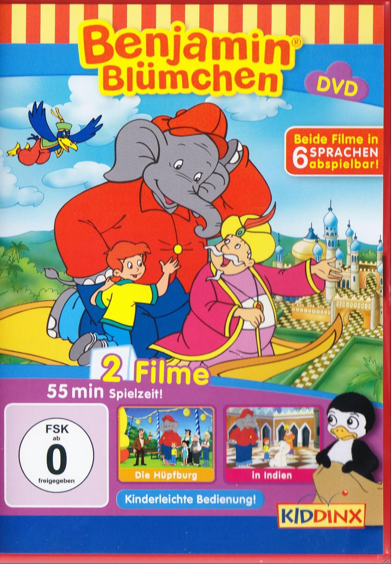 DVD-Cover: Benjamin Blümchen-Cartoon. Elefant, Junge und Mann auf einem Boot. Titel und '2 Filme' sichtbar.