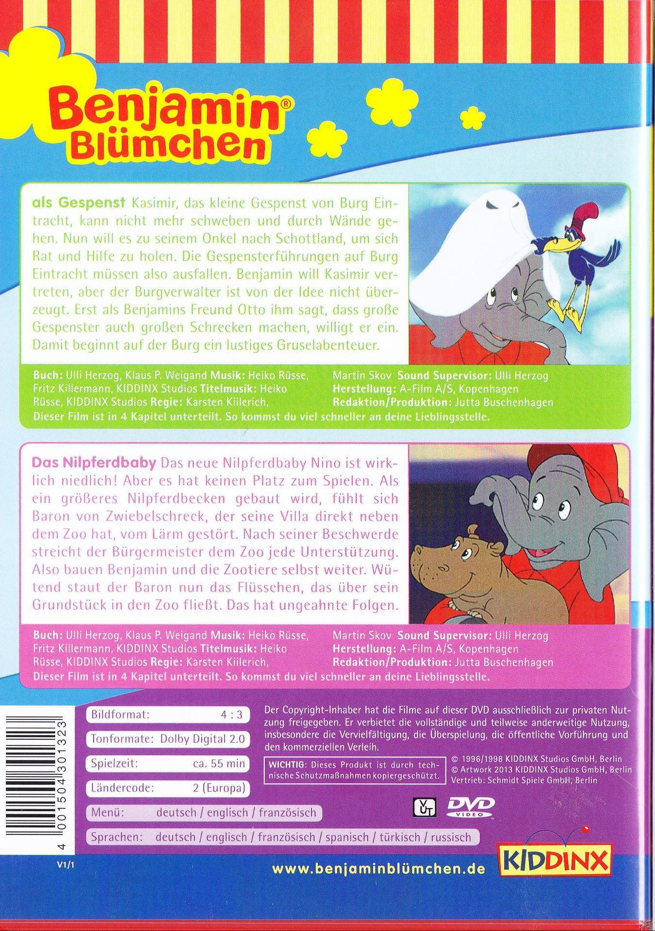 DVD-Cover. Cartoon-Elefant und Text: 'Benjamin Blümchen'. Text auf Deutsch. Bunter Hintergrund.