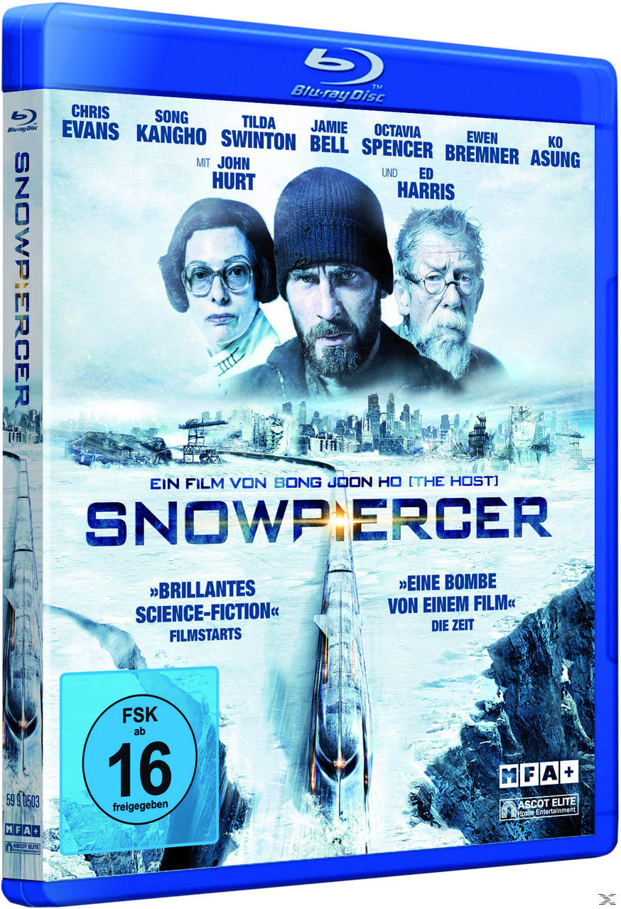 Blu-ray-Cover des Films 'Snowpiercer'. Zeigt drei Schauspieler in einer verschneiten Umgebung und die Front des Zuges.