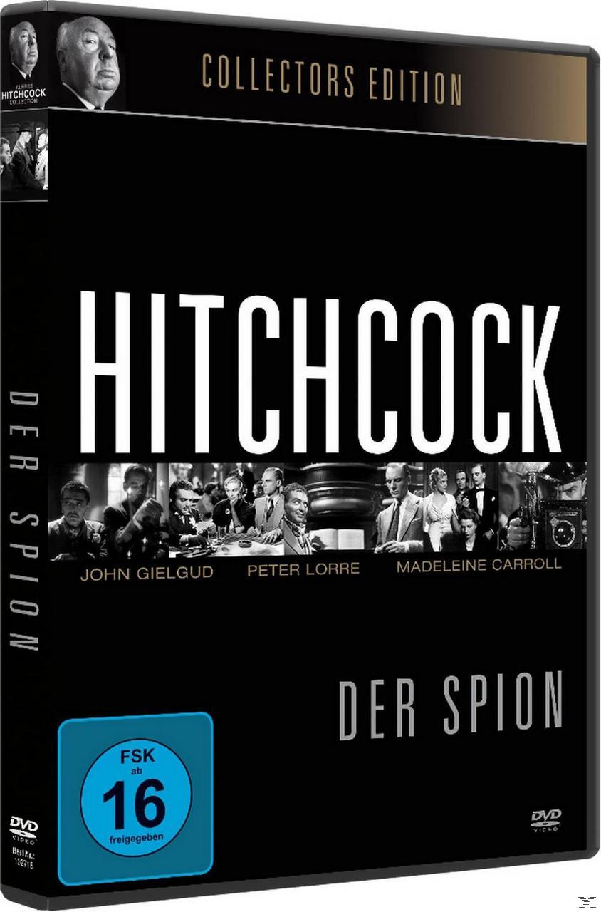 DVD-Cover von 'Hitchcock: Der Spion'. Schwarzer Hintergrund mit Bild von Hitchcock und einer Schauspielergruppe.