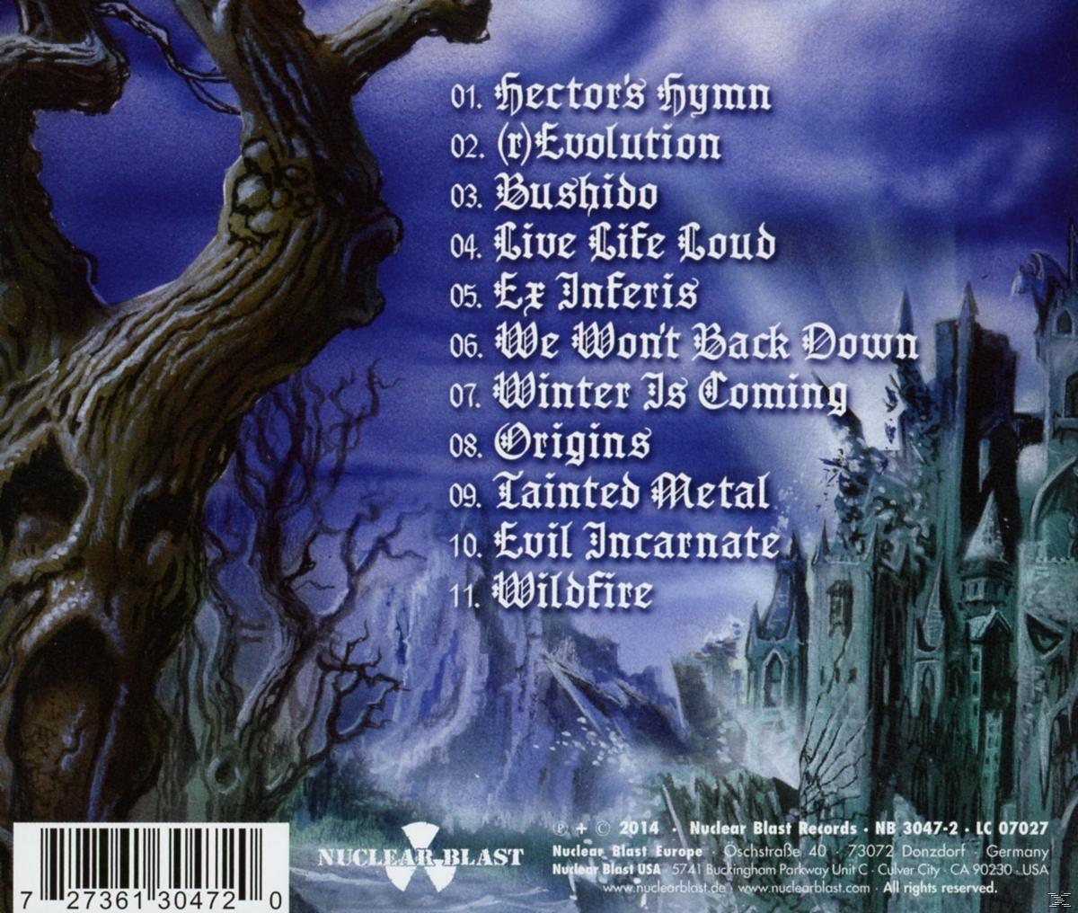 Album-Rückseite: dunkler Wald, Burg und eine Liste der Songtitel und der Albumtitel.