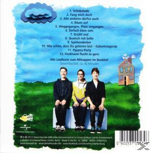 Album-Rückseite, drei Männer sitzen, Songtitel. Blaue Wolke, grünes Haus rechts.
