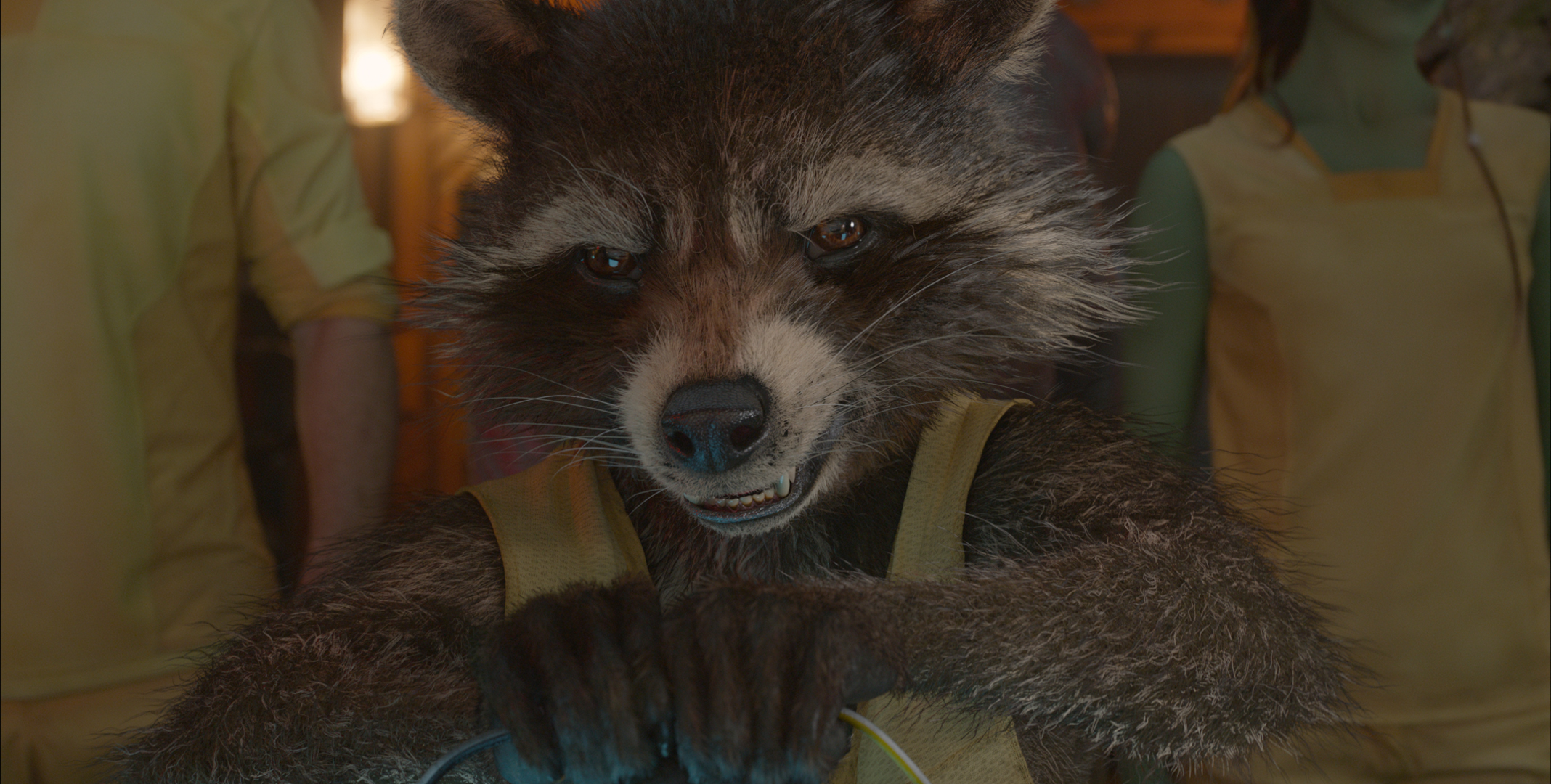 Rocket Raccoon, eine Waschbär-Figur aus einem Film, hat einen ernsten Gesichtsausdruck vor einer Menge.