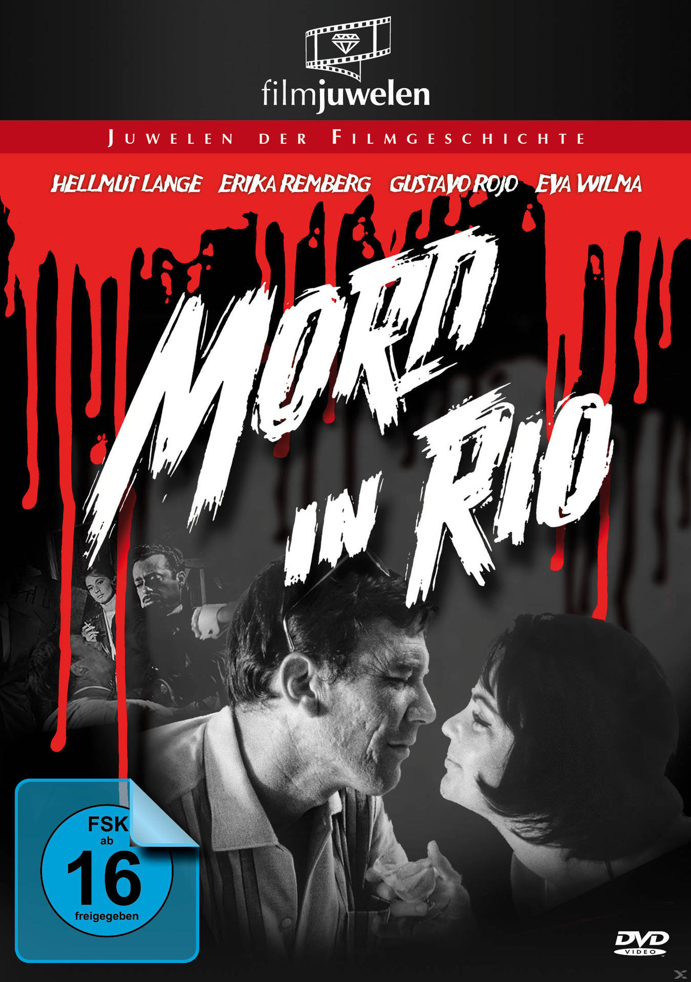 DVD-Cover von "Mord in Rio" mit einem Paar, Titel in großen Buchstaben und blutrotem Tropfeffekt.