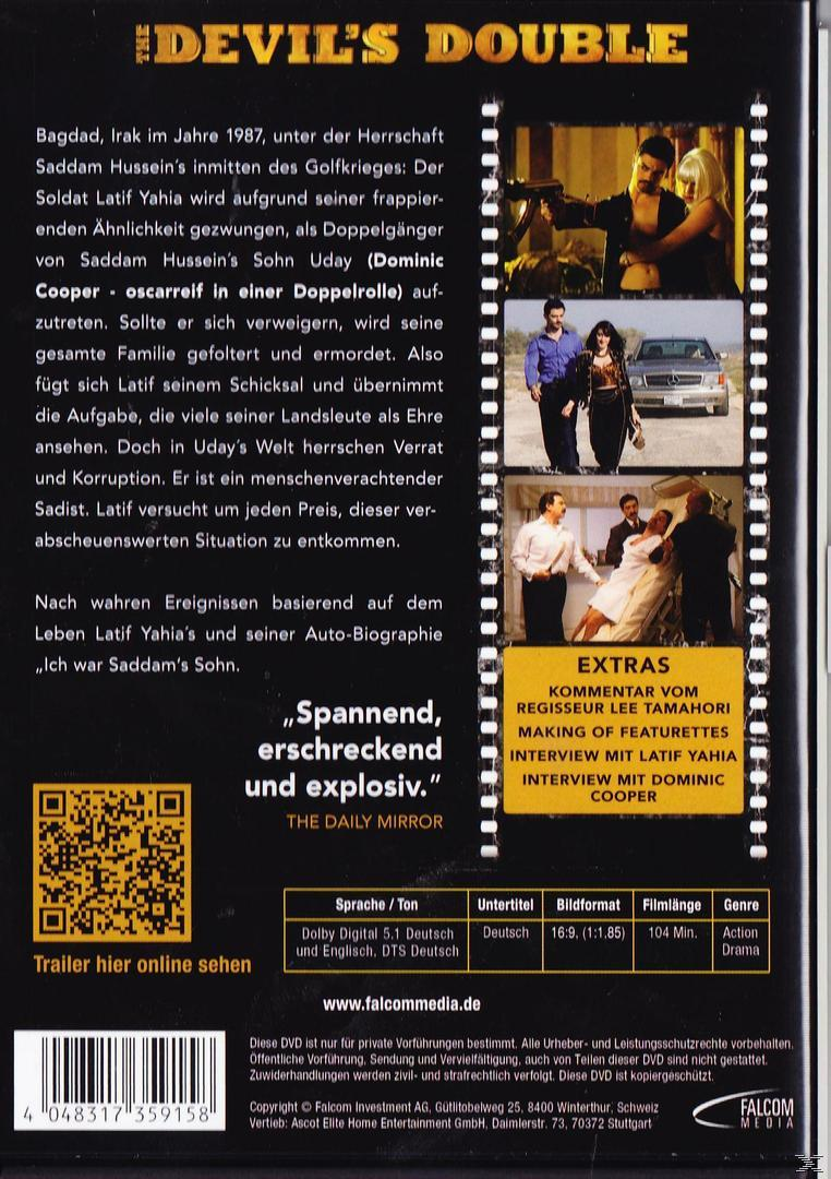 DVD-Rückseite: 'The Devil's Double'. Szenen von Action und Drama, mit Text auf Deutsch und Englisch.