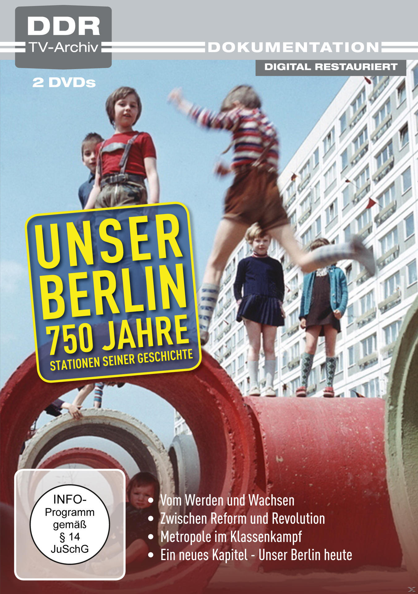 DVD-Cover von 'Unser Berlin' mit springenden Kindern und Text über Berlins Geschichte.