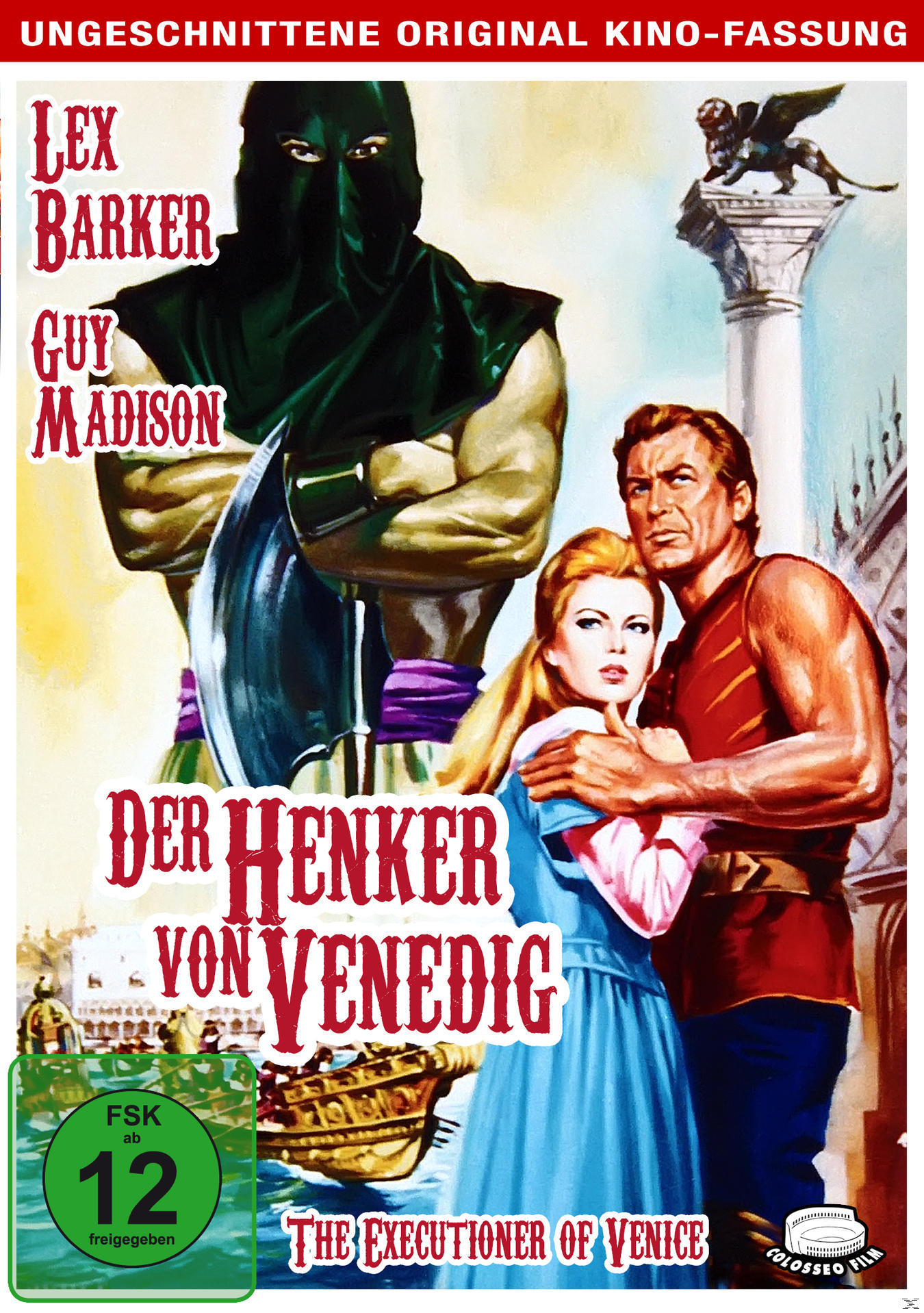 Filmposter von 'Der Henker von Venedig'. Mann mit Maske und Klinge, Paar davor.