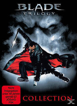 Blade Trilogy DVD-Cover. Blade in Aktion mit Schwert, rotem/schwarzem Hintergrund und Monstergesicht.