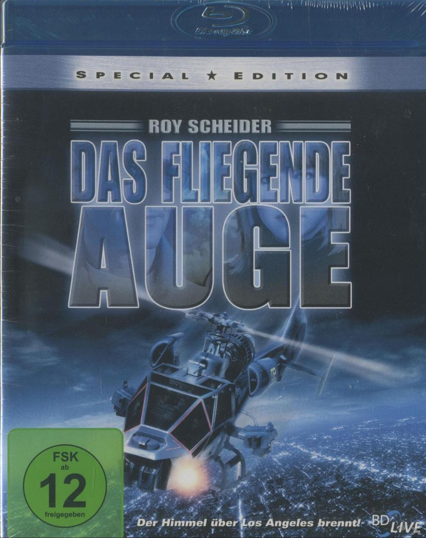DVD-Cover: Das fliegende Auge. Ein Hubschrauber über einer Stadt bei Nacht, Text auf Deutsch.