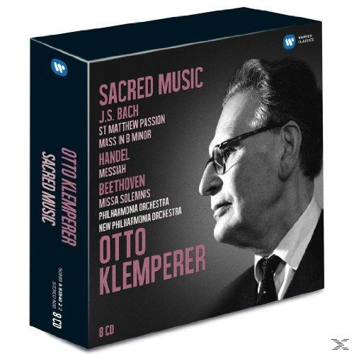 CD-Box-Set mit Foto von Otto Klemperer und dem Text 'Sacred Music'.