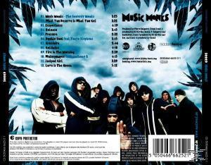 CD-Rückseite: Titelliste für ein Music Monks-Album. Die Band ist sichtbar, und es gibt einige Palmenblätter.