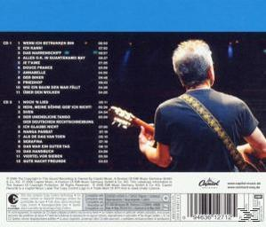 Rückseite eines Albums mit Titelliste und Musiker, der mit dem Rücken zur Kamera Gitarre spielt.