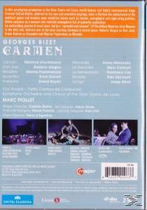 DVD-Cover für die Oper Carmen, mit Text, der die Besetzung und die Crew sowie Bilder auflistet.