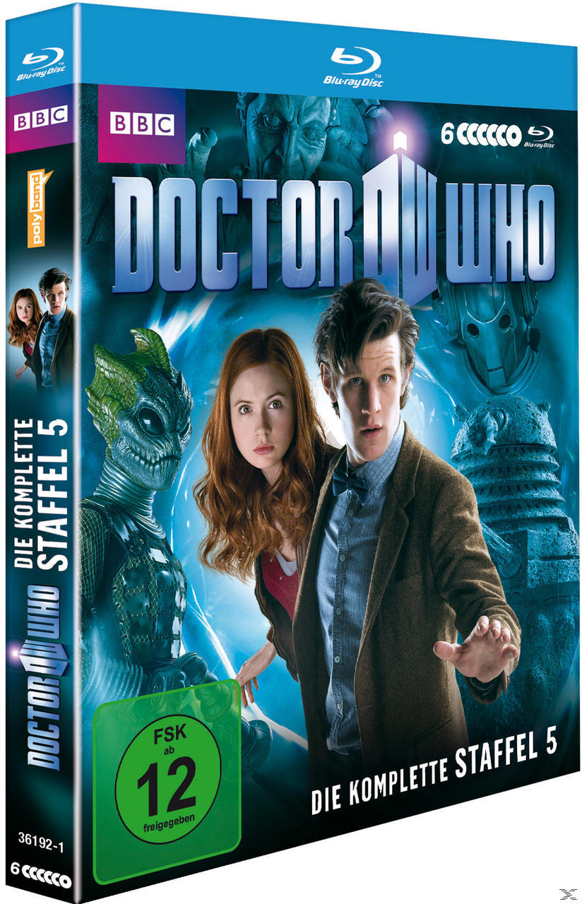 DVD-Cover von Doctor Who Staffel 5, mit dem Doktor, Amy Pond, einem Silurianer und den Daleks.