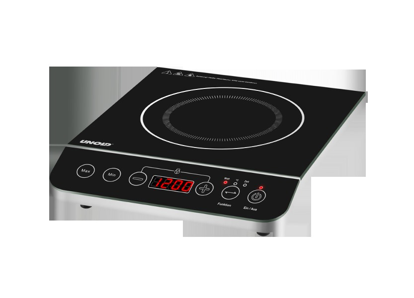 Schwarzes Induktionskochfeld mit roter Anzeige. Marke UNOLD.  Touch-Bedienelemente und Ein-/Ausschalter.