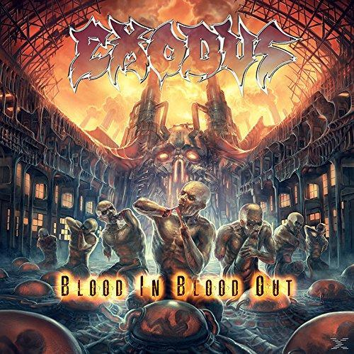 Albumcover: Bandname 'EXODUS' in Rot, mit Skelettbildern. Titel: 'Blood In Blood Out'.