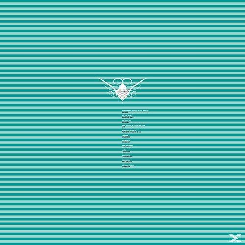 Albumcover mit horizontalen türkisfarbenen Streifen und einem weißen Emblem.