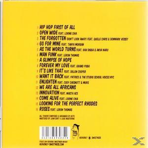 Albumrückseite: Titelliste für ein Album verschiedener Künstler. Gelber Hintergrund, mit Gesichtern unten.