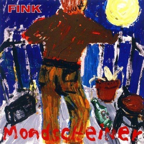 Abstraktes Gemälde mit einer Person. Gelbe Sonne, blauer Hintergrund. Text 'Fink' und 'Mondscheiner'.