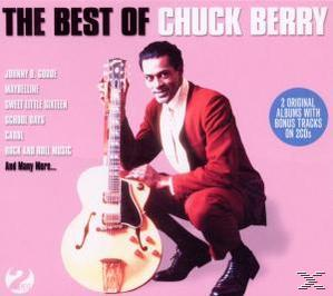 Albumcover, Chuck Berry, Mann mit Gitarre, rosa Hintergrund, Text 'The Best of Chuck Berry'.
