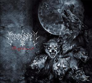 Ein Rudel Wölfe heult den Mond an. Dunkler, gotischer Kunststil mit einem Bandlogo.