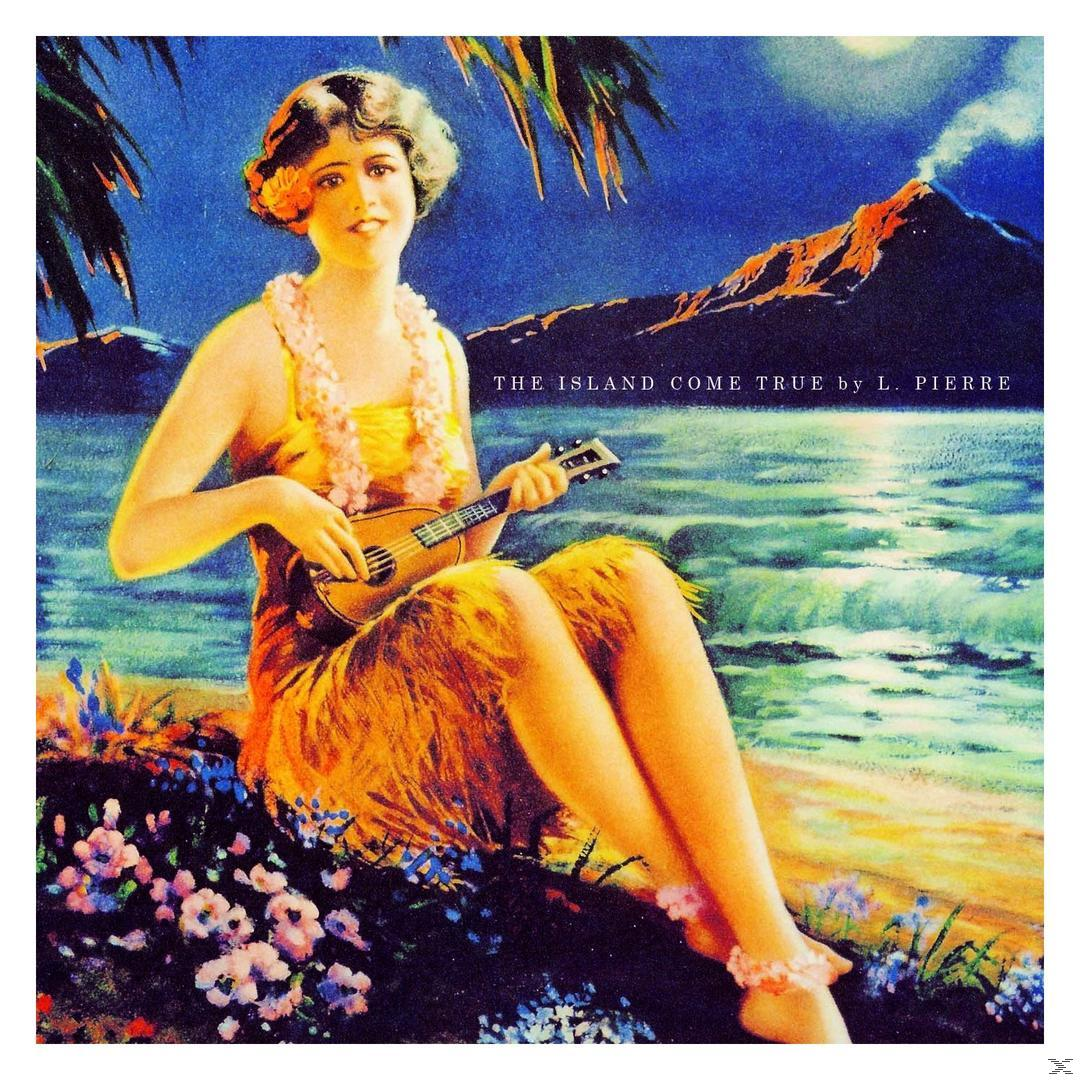 Illustration einer Frau mit Ukulele am Strand mit Vulkan und Blumen.