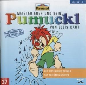 Cartoonfigur Pumuckl, rennt mit Wasserspritzern. Titel: Meister Eder und sein Pumuckl.