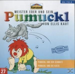 Cartoon-Albumcover mit einer Katze, einem Jungen und Text, der 'Meister Eder und sein Pumuckl' sagt.