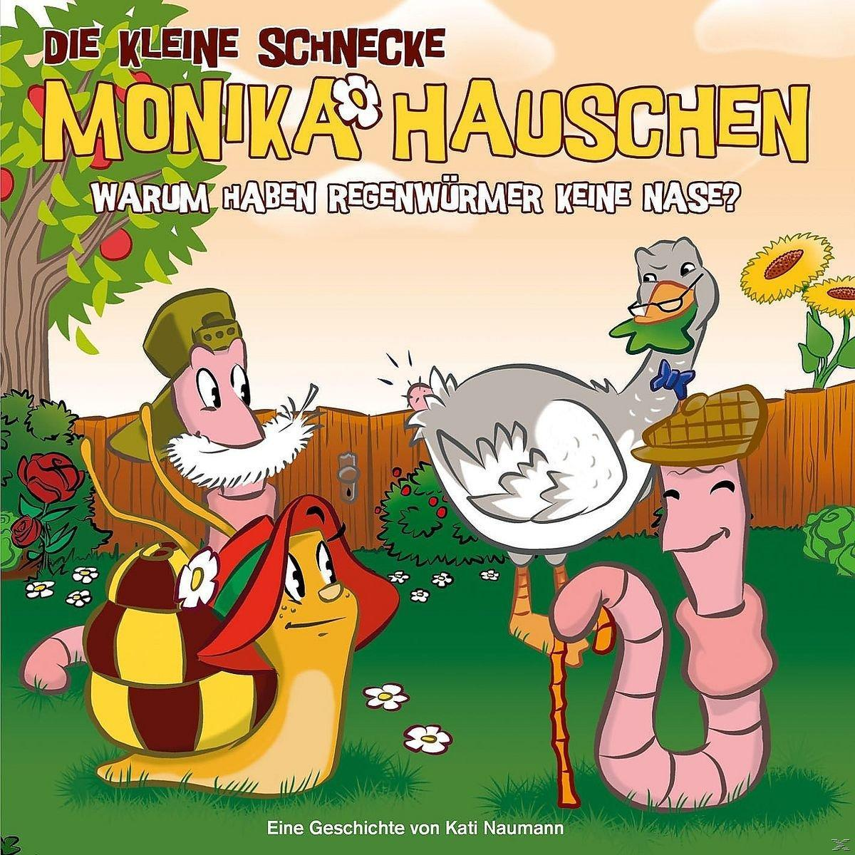 Kinderbuchcover. Zeichentrickfiguren mit Schnecke, Wurm und Gans in Gartenumgebung.