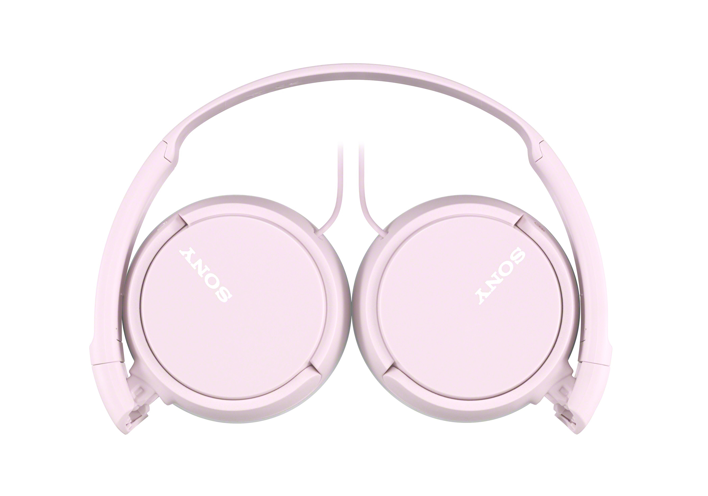Gefaltete rosa Sony-Kopfhörer mit Markennamen auf jeder Ohrmuschel.