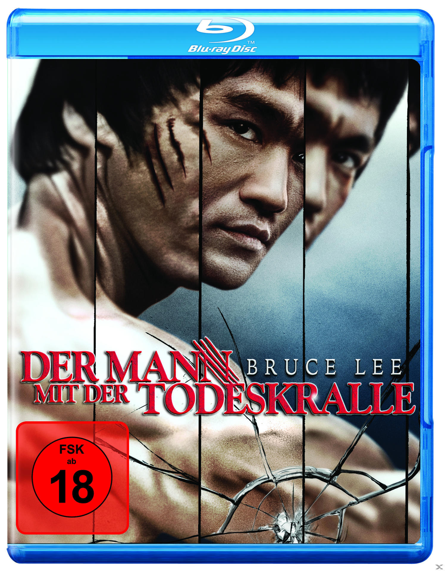 Filmposter mit einem geteilten Bild eines Mannes. Der Titel lautet "DER MANN MIT DER TODESKRALLE" und Text.