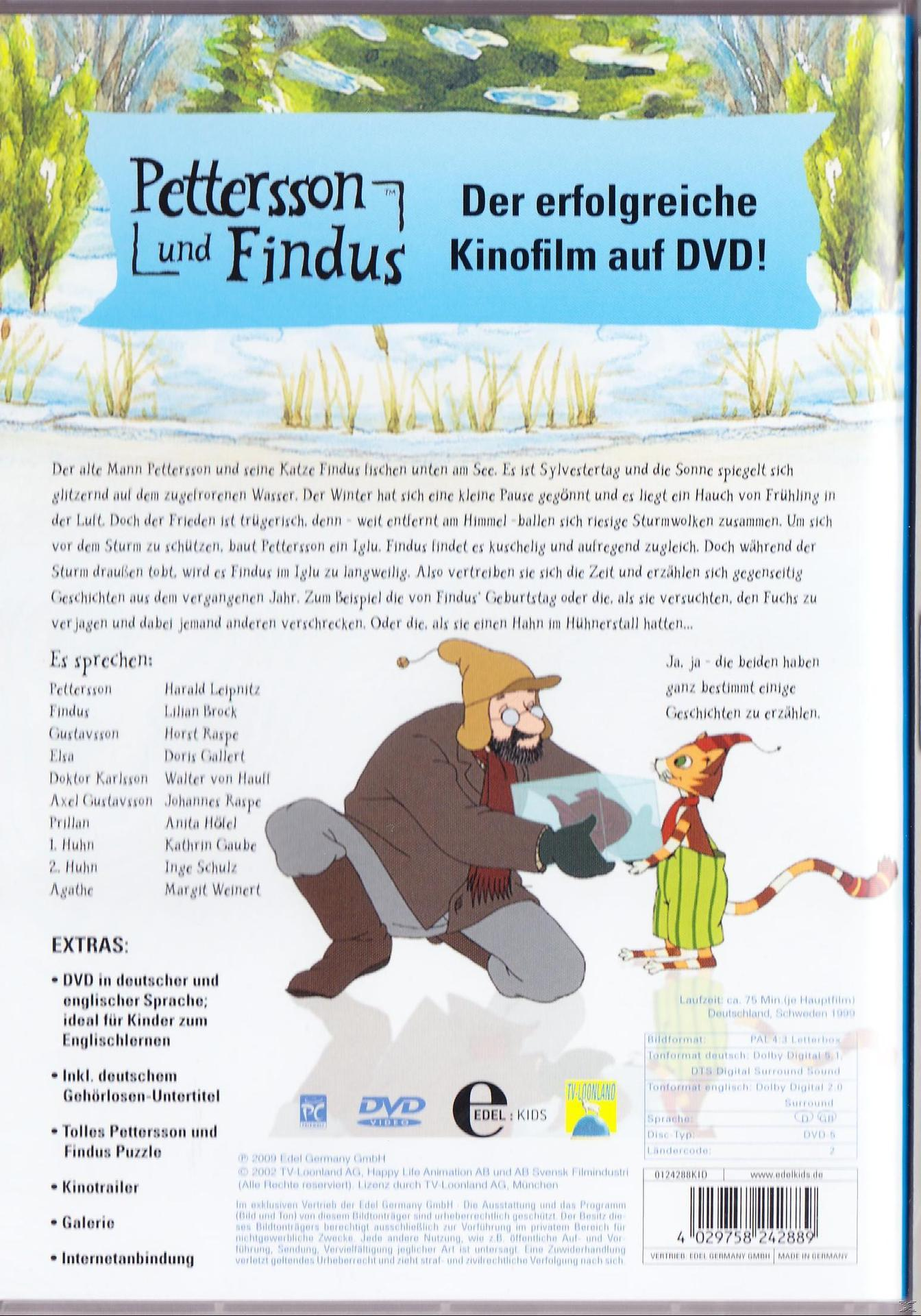 Rückseite der Pettersson und Findus DVD. Zeichentrickfiguren und Text auf Deutsch.